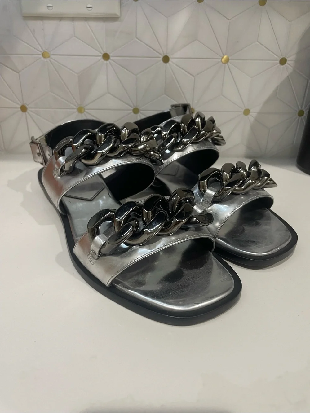 Tory Burch Metallic Silver Chain-Link Sandals